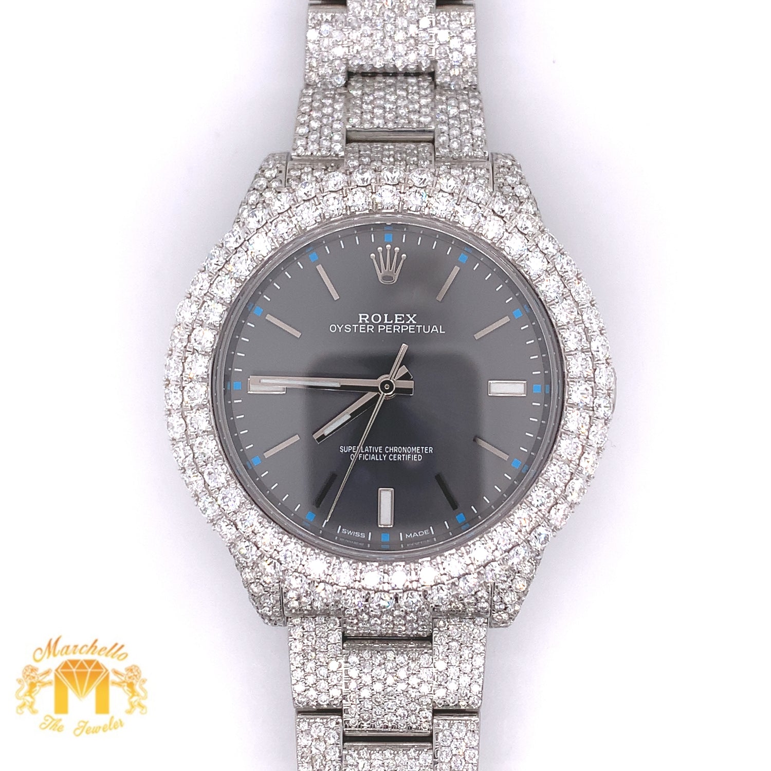 Iced Out Rolex Oyster Perpetual Diamond Watch with Stainless Steel Oyster Bracelet (39 mm, gray dial)