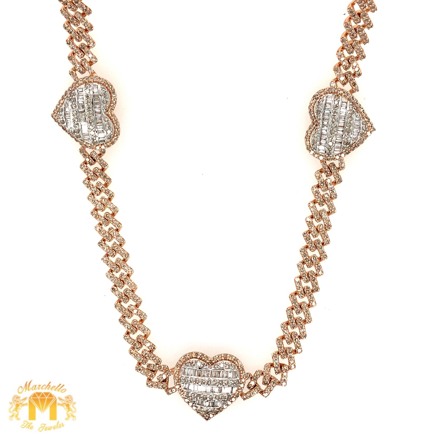 6.9ct Diamond and Gold 14mm Triple Baguette Heart Miami Cuban Necklace (box clasp, choose gold color)