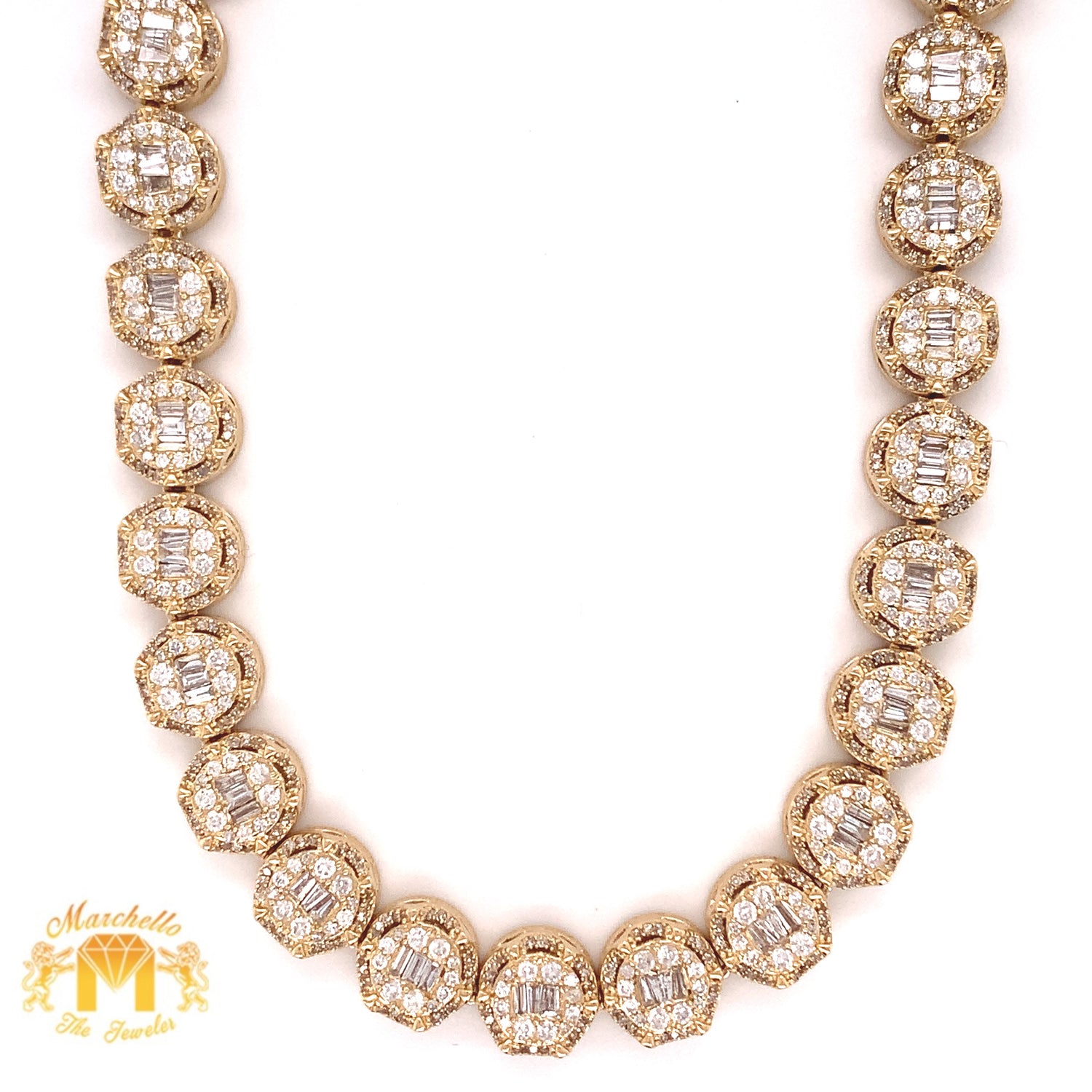 14k Gold 9.3mm Round Link Necklace Chain with Baguette and Round Diamond