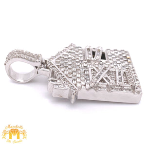 14k White Gold House Pendant with Baguette and Round Diamond and 10k White Gold Cuban Link Chain