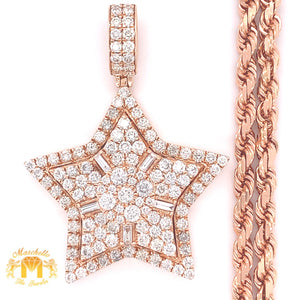 4.18ct Round and Baguette Diamond 14k Rose Gold 3D Star Pendant and Solid Rope Chain  (solid back)