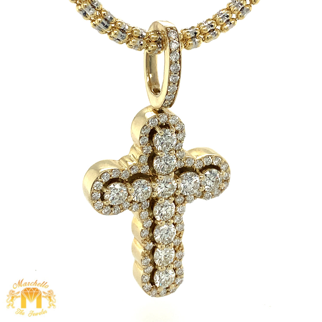 14k Gold Cross Diamond Pendant, Gold 3.5mm Ice Link Chain (huge round diamonds, choose gold color)