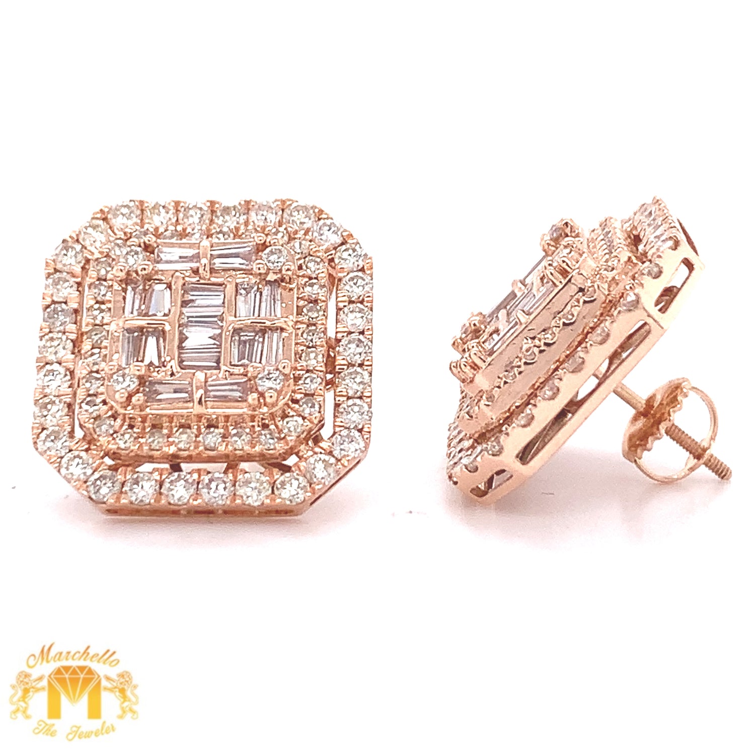 14k Gold Square Earrings with extra large Baguette and Round Diamond