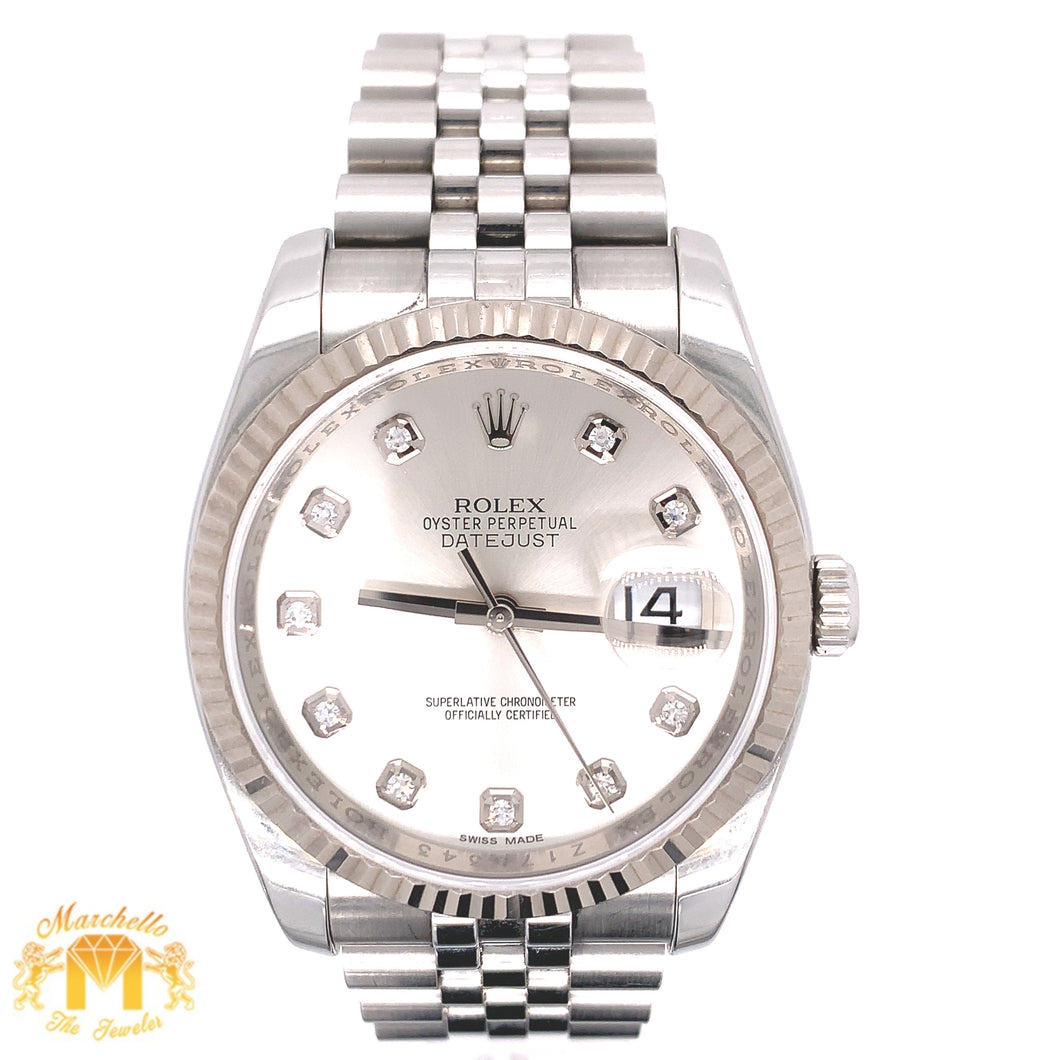 36mm Rolex Datejust Watch with Stainless Steel Jubilee Bracelet (fluted bezel, factory diamond dial, newer model)