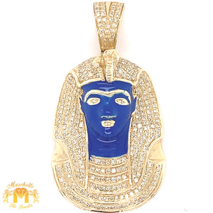 14k Gold King Tut Pharaoh Diamond Pendant and Gold Cuban Link Chain Set