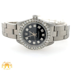 24mm Ladies’ Rolex Oyster Perpetual Stainless Steel Diamond Watch (black dial, diamond hour markers)