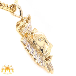 14k Gold Large Lion Pendant with Baguette Diamond  and Gold Cuban Link Chain Set