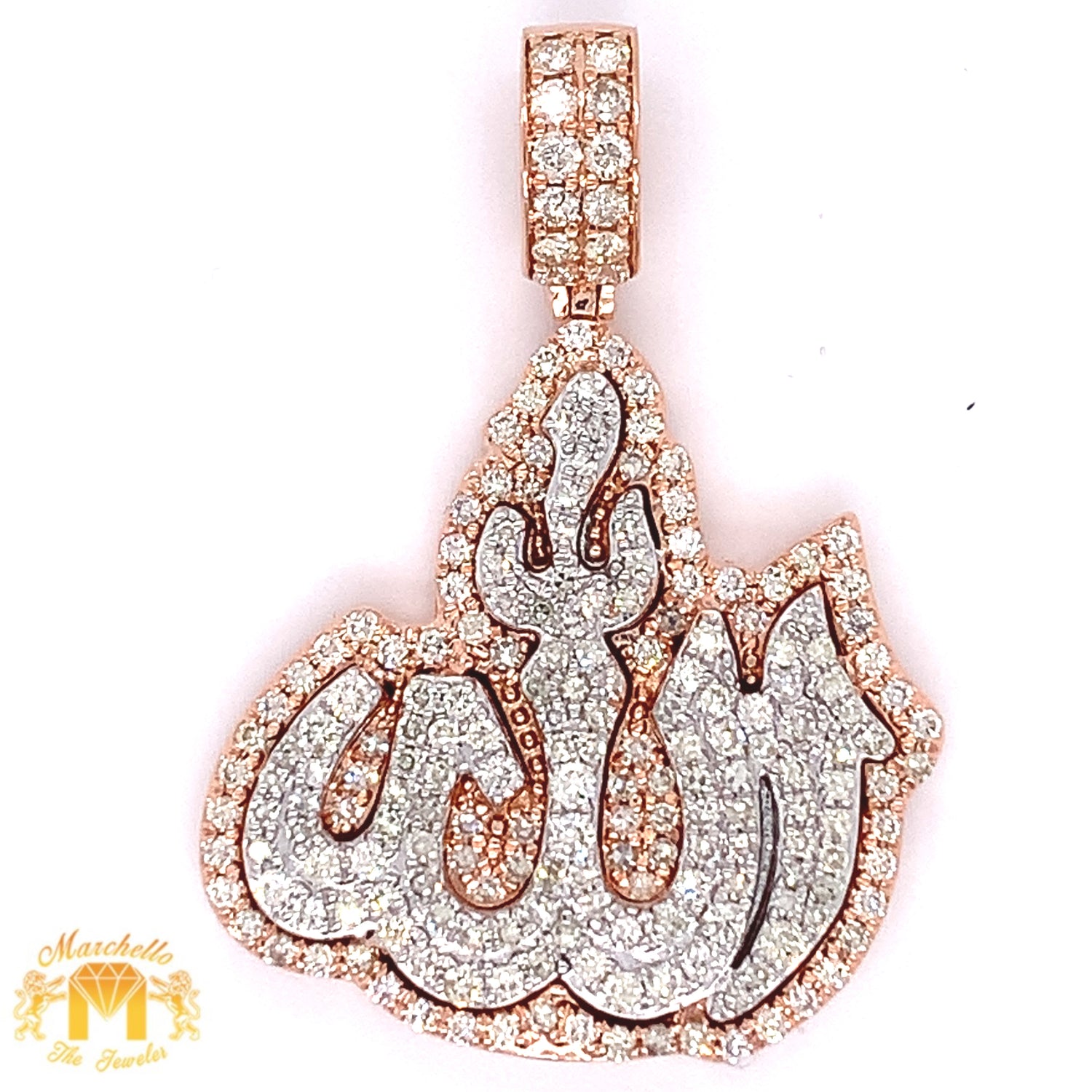 14k Gold 3D Allah Pendant with Round Diamond and Gold Cuban Link Chain Set