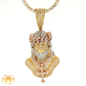 Tri-color Gold Jesus Face Diamond Pendant and 14k Gold Tennis Chain Set
