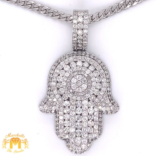 14k Gold Large Hamsa Diamond Pendant and Gold Cuban Link Chain Set