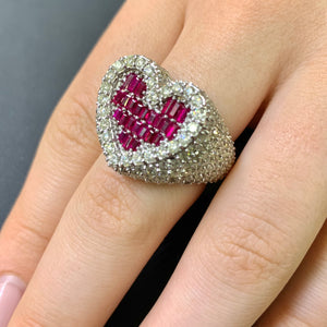 6.2ct Diamond and Ruby 14k White Gold 3D Heart Ring