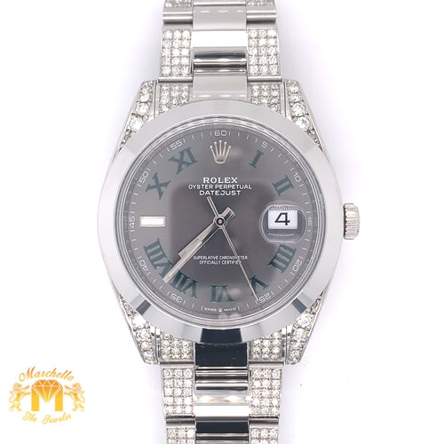 4ct Diamond 41mm Rolex Datejust 2 Watch Stainless Steel Oyster Band (smooth bezel, Wimbledon dial)