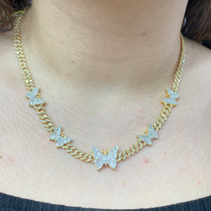 9.5ct Diamond and Gold 5 Butterflies Cuban Link Necklace