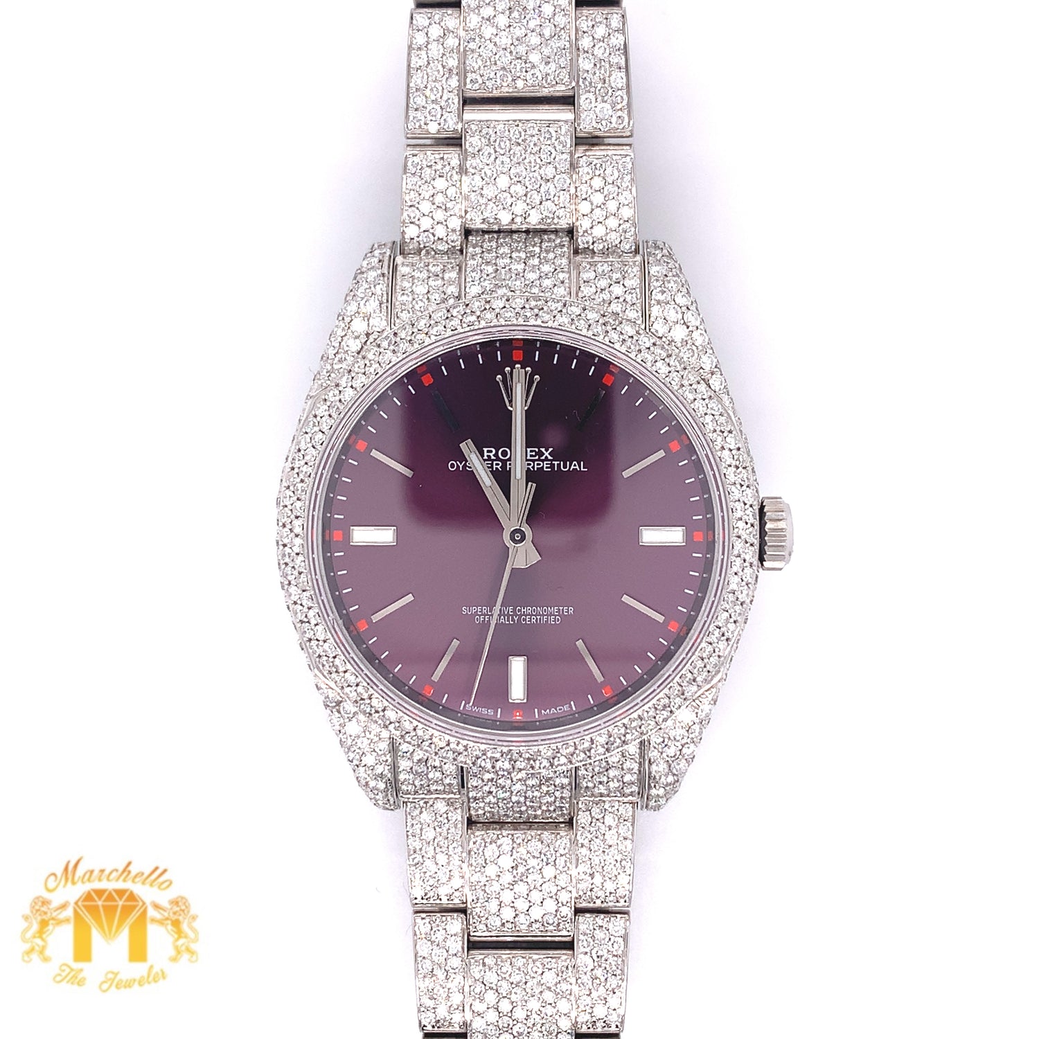Iced Out Rolex Oyster Perpetual Diamond Watch with Stainless Steel Oyster Bracelet (39 mm, purple dial)