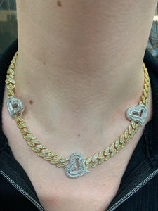 Gold and Diamond 10MM Miami Cuban Heart Chain with natural round, and baguette diamonds