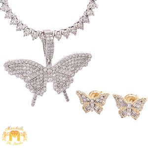 14k Gold Butterfly Diamond Charm, Tennis Chain, and Buttefly Earrings Set (1 pointers chain)