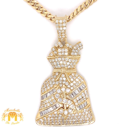 14k Yellow Gold Money Bag Pendant with baguette and round diamonds and Gold Cuban Link Chain Set