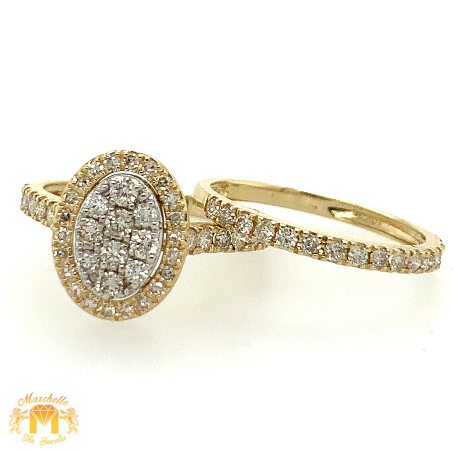 Gold and Diamond 2-piece Bridal Rings Set (oval with a halo, choose gold color)