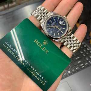 36mm Rolex Datejust Watch with Stainless Steel Jubilee Bracelet (year 2022, blue Motif dial, papers)