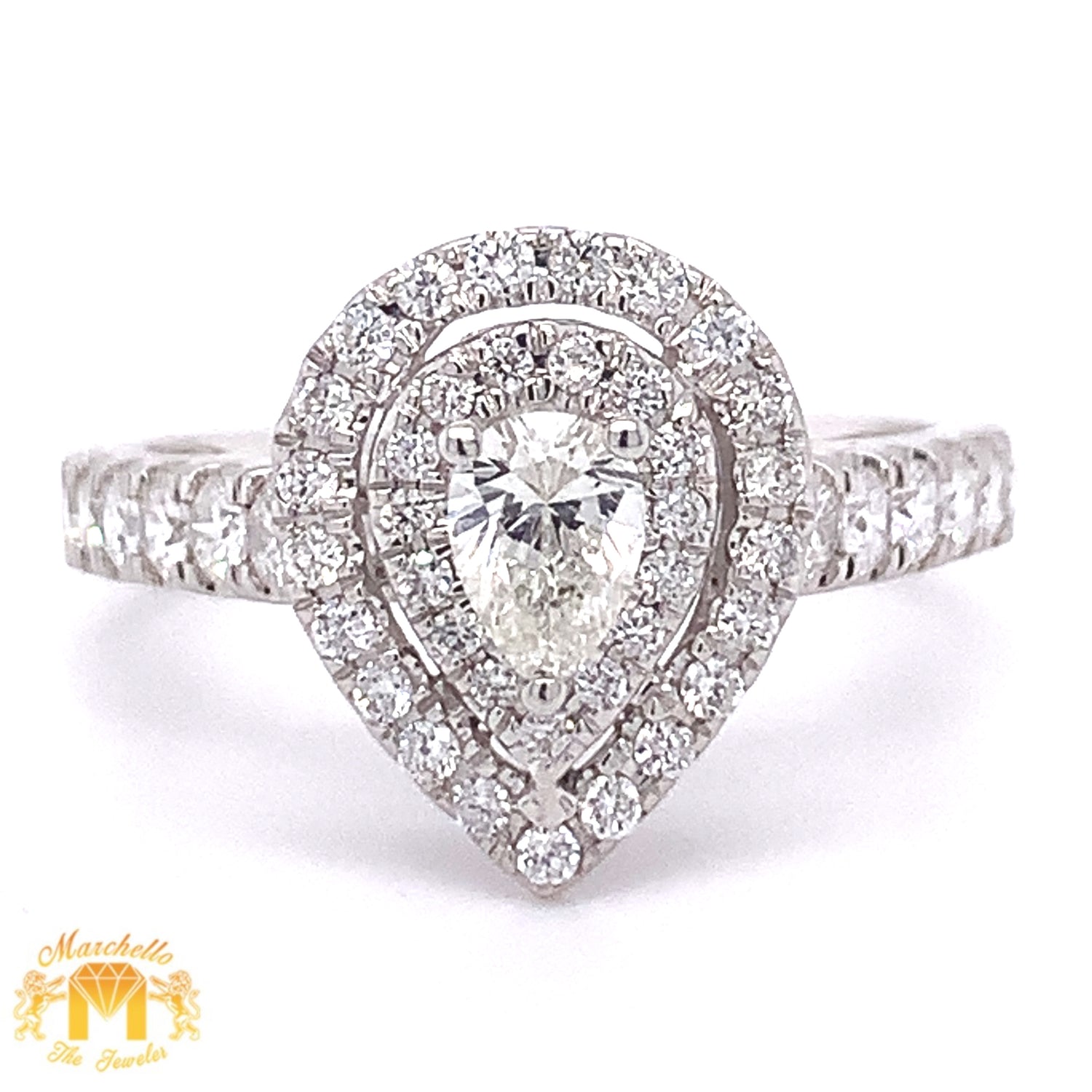 14k Gold Double Halo Pear-Shaped Engagement Diamond Ring (pear-shaped solitaire center)  (choose your color)