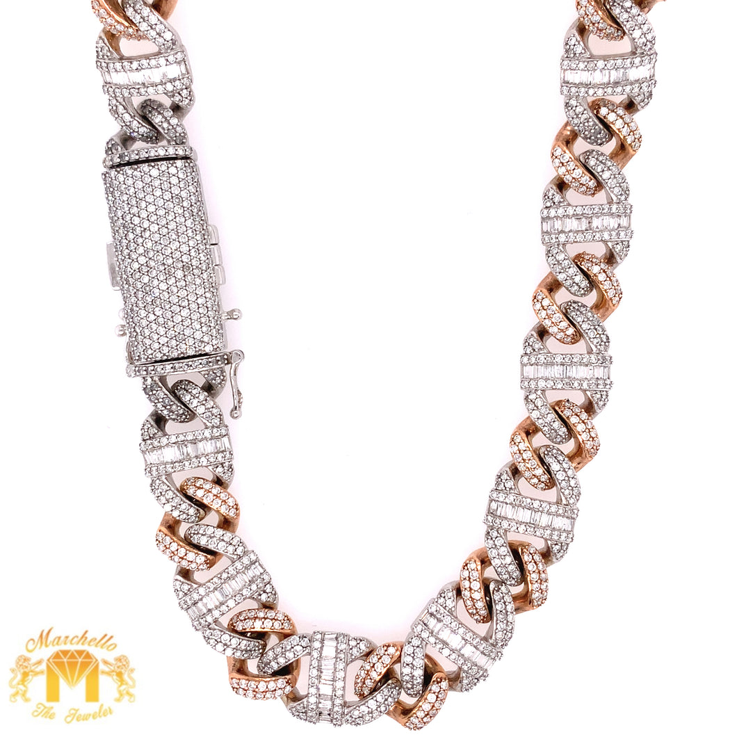 14k Two-tone Gold 12.5mm Fancy Cuban Mariner Link Necklace with baguette & round diamonds