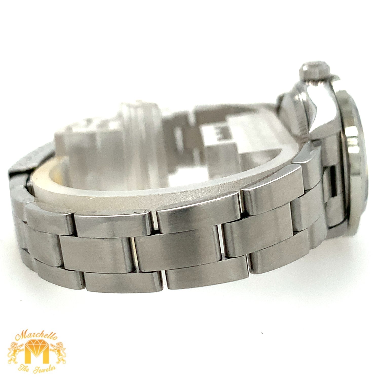 24mm Ladies’ Rolex Oyster Perpetual Stainless Steel Diamond Watch (black dial, diamond hour markers)