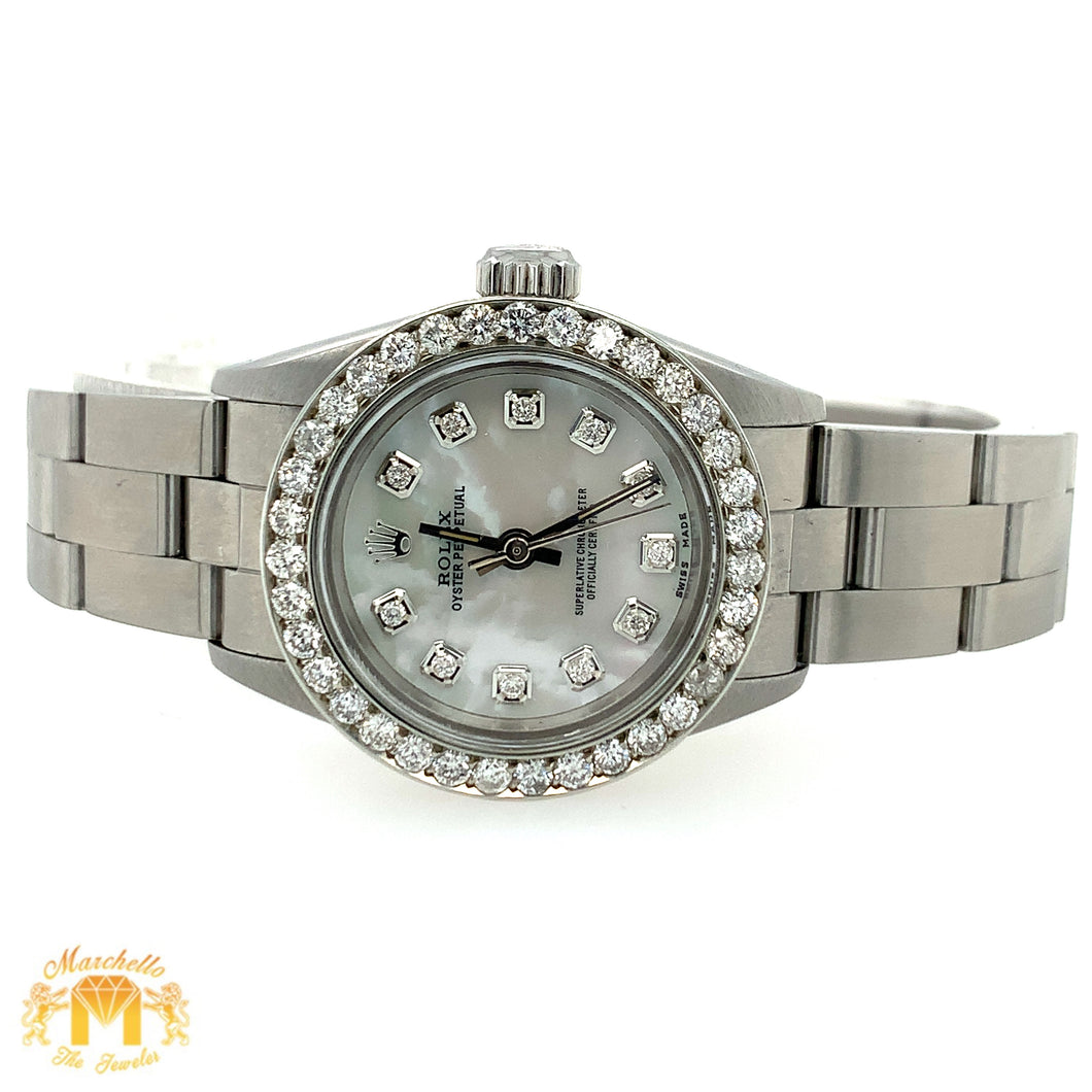 24mm Ladies’ Rolex Oyster Perpetual Stainless Steel Diamond Watch (mother-of-pearl, diamond hour markers)