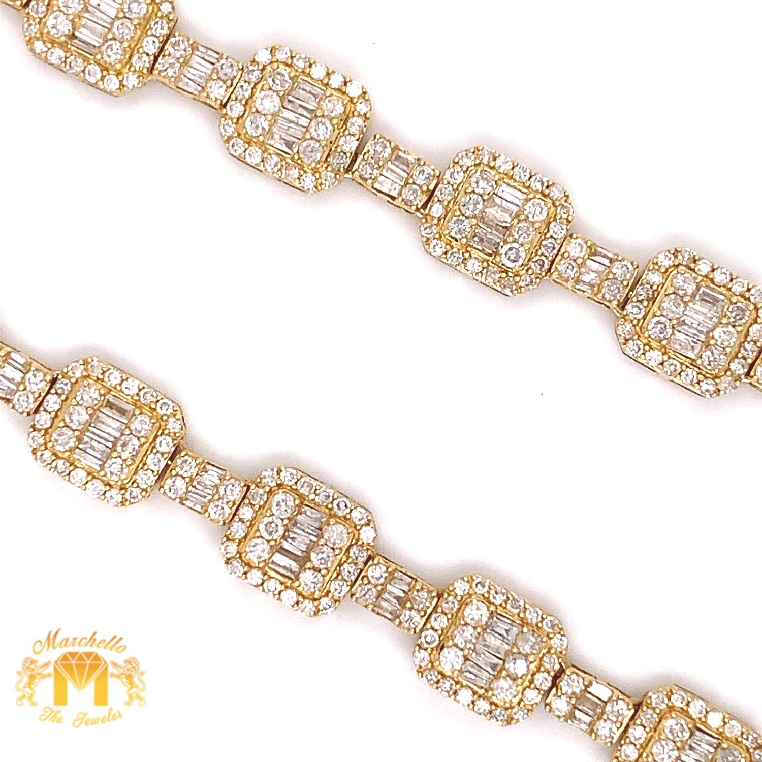 14k Gold Fancy Square Link Chain with Baguette and Round Diamond