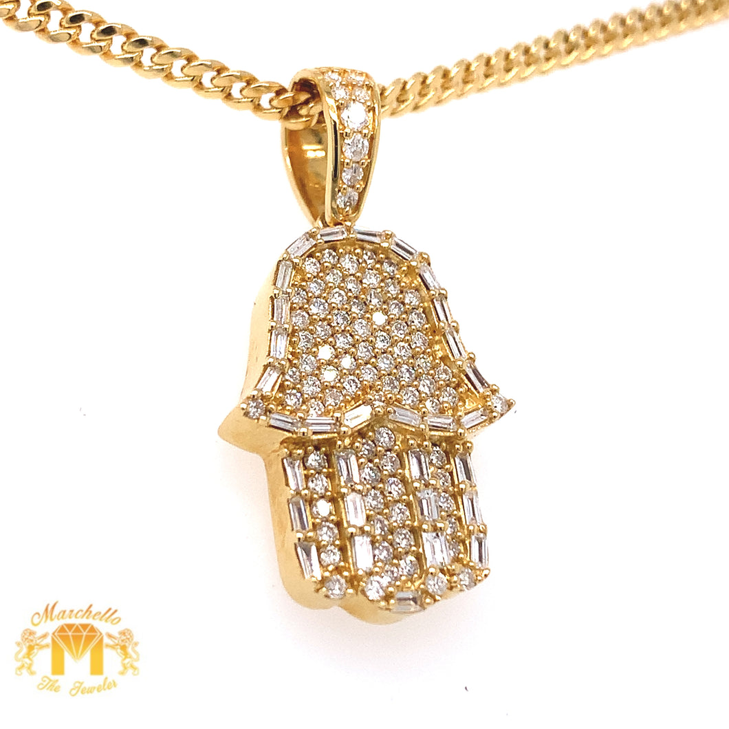 14k Gold Hamsa Pendant with Baguette Diamond and Gold Cuban Link Chain Set