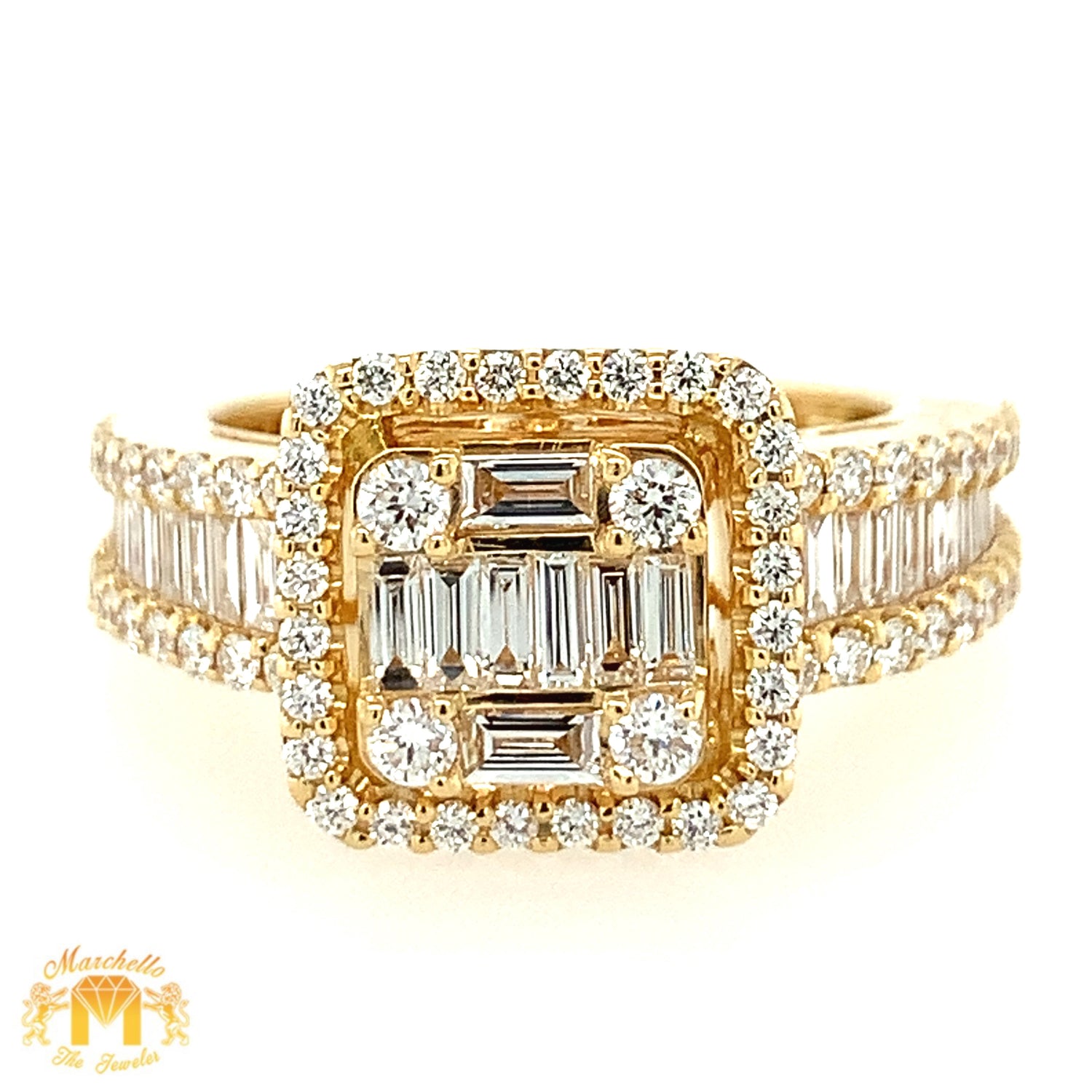 VVS/vs high clarity diamonds set in a 18k Gold Square-Shaped Engagement Ring (large VVS baguettes, square halo)