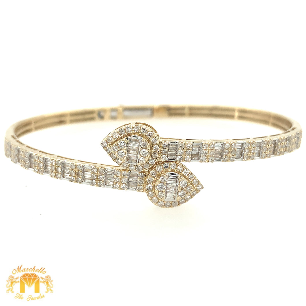 Gold and Diamond Twin Pears Cuff Bracelet with baguette and round diamonds