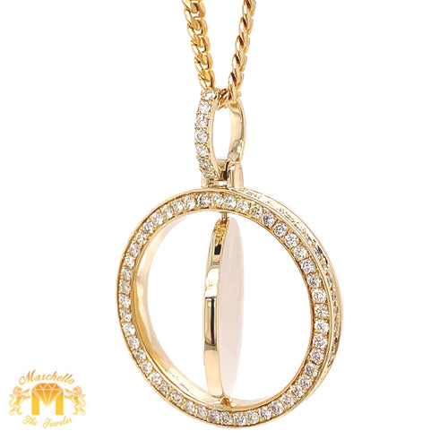 14k Gold Round Spinning Memory Picture Diamond Pendant and Gold Cuban Link Chain Set (solid pendant)