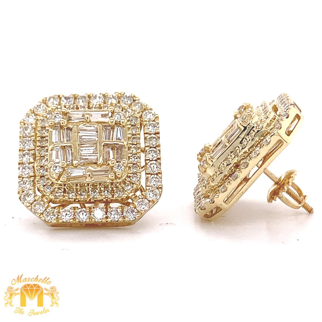 14k Gold Square Earrings with extra large Baguette and Round Diamond