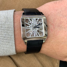 Load image into Gallery viewer, 18k White Gold Mens Large Cartier Santos-Dumont Skeleton Watch with Black Leather Band