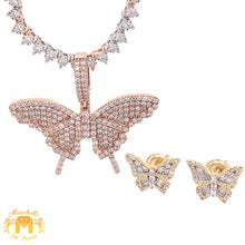 Load image into Gallery viewer, 14k Gold Butterfly Diamond Charm, Tennis Chain, and Buttefly Earrings Set (1 pointers chain)