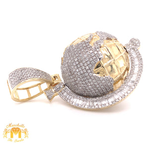 Gold and Diamond 3D Spinning Globe Pendant with Baguette and Round Diamond and Gold Cuban Link Chain Set