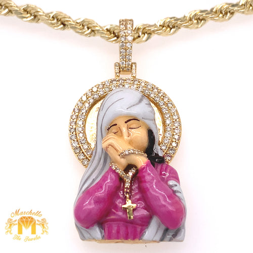 14k Gold Diamond Blessed Virgin Mary Pendant and Rope Chain Set