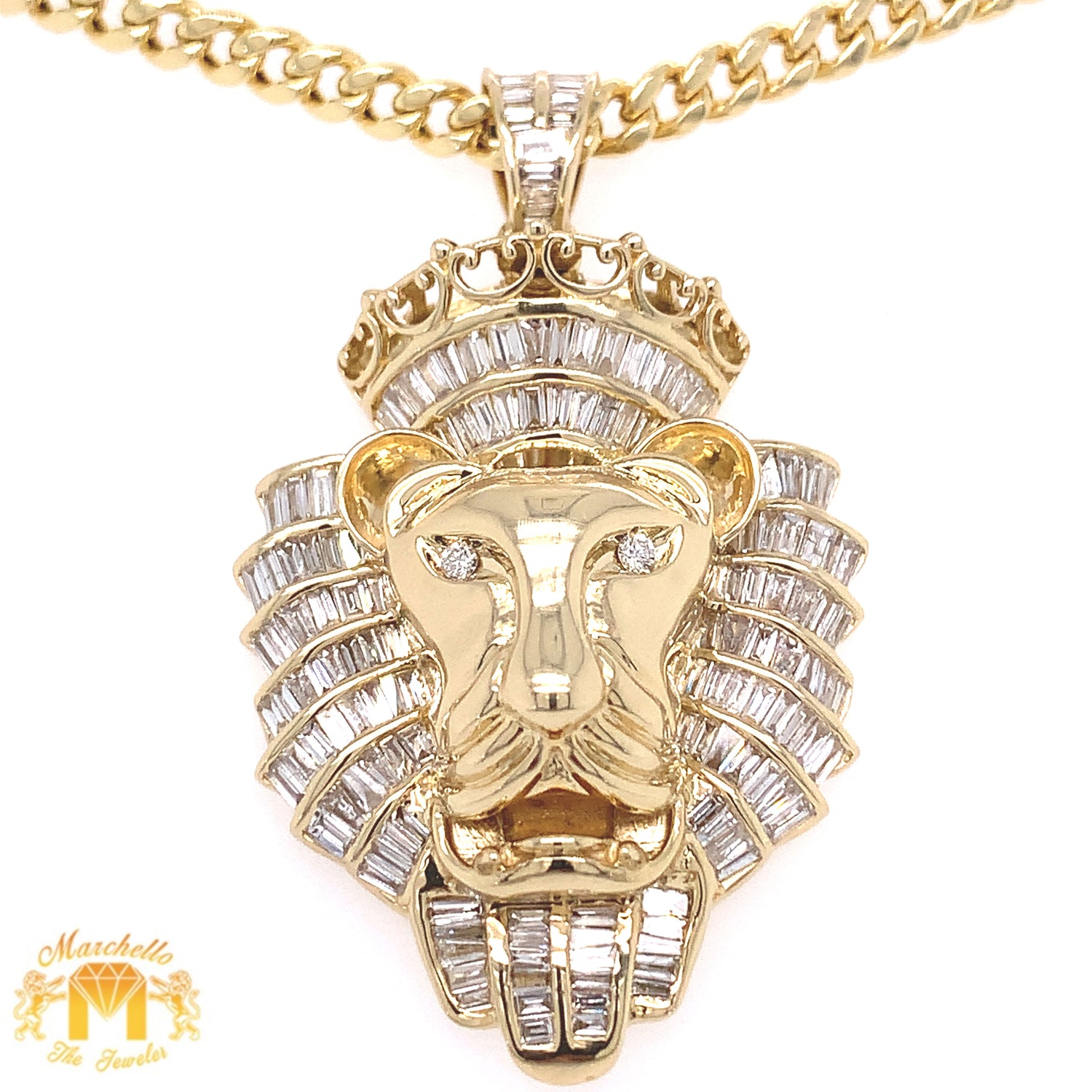 14k Gold Large Lion Pendant with Baguette Diamond  and Gold Cuban Link Chain Set