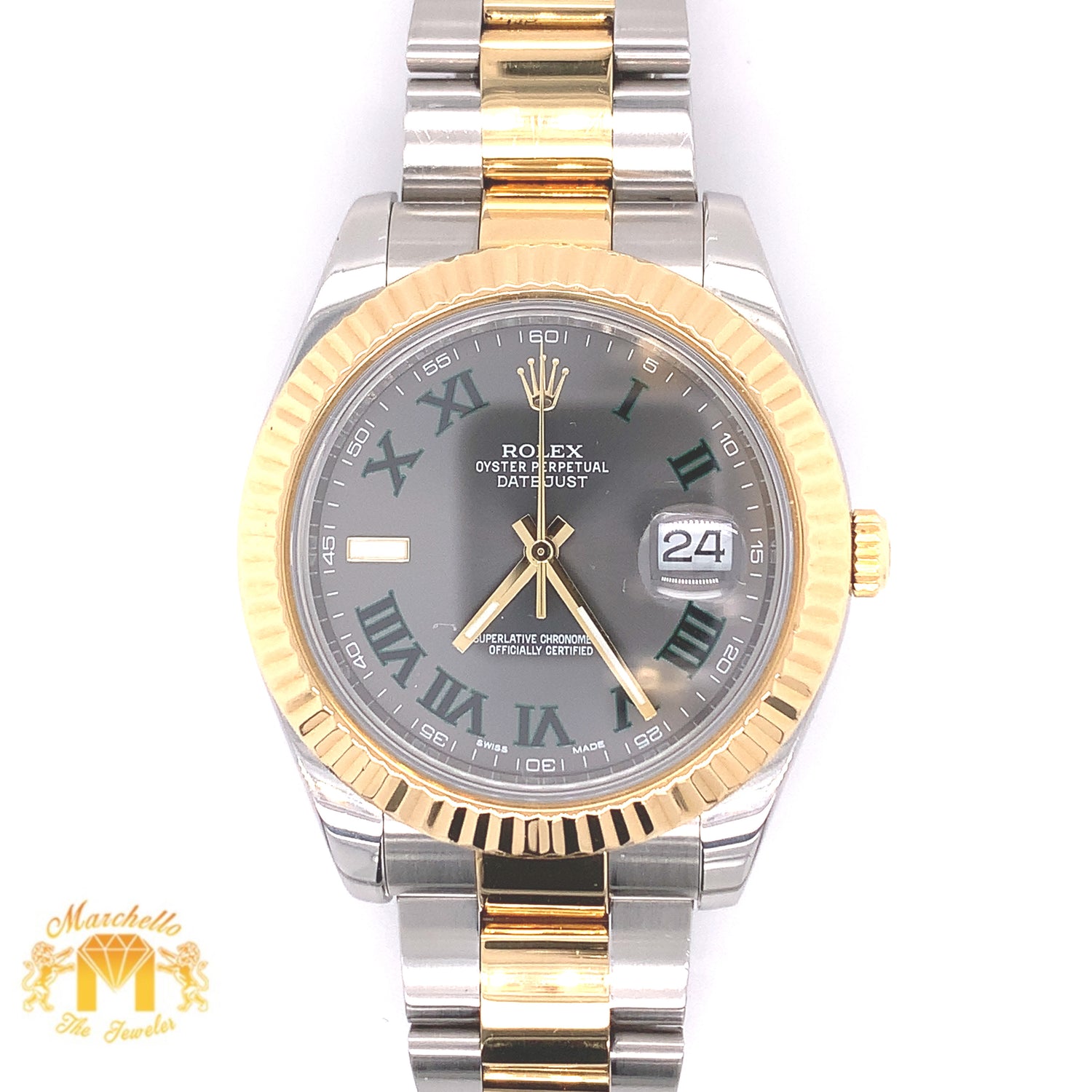 41mm Rolex Datejust 2 Watch with Two-tone Oyster Band and Fluted Bezel (Wimbledon dial)