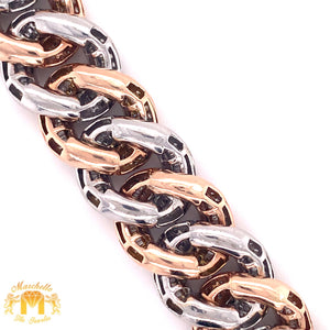 14k Tri-color Gold 20mm Fancy Cuban Link Diamond Bracelet (baguette diamonds, box clasp)