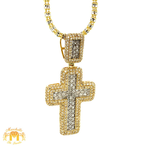 Two-tone Gold and Diamond Boxy Cross Pendant with with 2mm Ice Chain Set (choose your size)