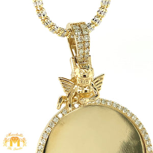 14k Gold Round Memory Picture Diamond Pendant with Angel, Gold 2mm Ice Chain