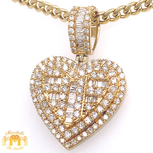 14k Yellow Gold Heart Diamond Pendant, Gold Cuban Link Chain