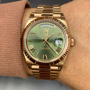 41mm Rolex Day Date II Presidential Watch with Rose Gold Oyster Bracelet (olive dial, 1ct diamond earrings included)