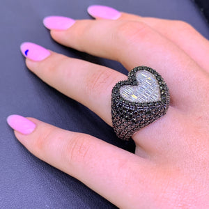 6.2ct Black and White Diamond 14k White Gold 3D Heart Ring