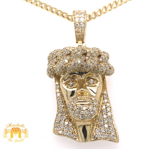 14k Gold 3D Jesus Pendant with Round Diamond and Gold Cuban Link Chain Set (solid pendant)