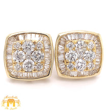 Load image into Gallery viewer, 14k Yellow Gold Square Earrings with baguette and round diamonds