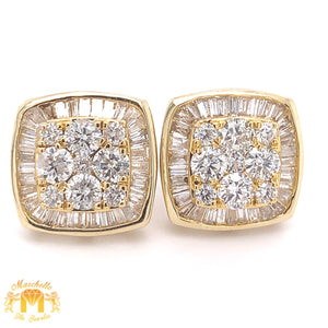 14k Yellow Gold Square Earrings with baguette and round diamonds