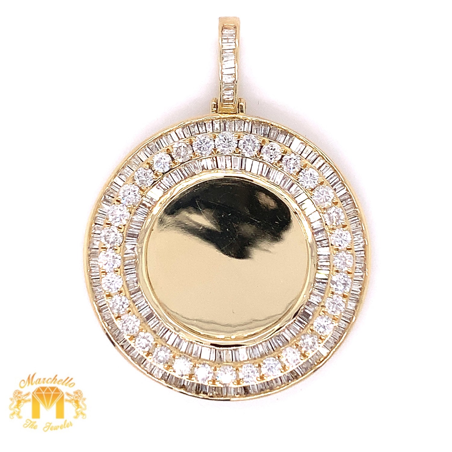 Large 3.29ct Baguette and Round Diamond 14k Gold Round Memory Picture Pendant and Gold Cuban Link Chain Set