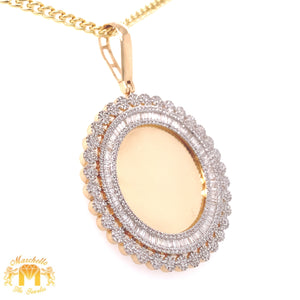 Gold and Diamond Custom Round Memory Picture Pendant with Baguette and Round Diamond & a Gold Cuban Link Chain Set